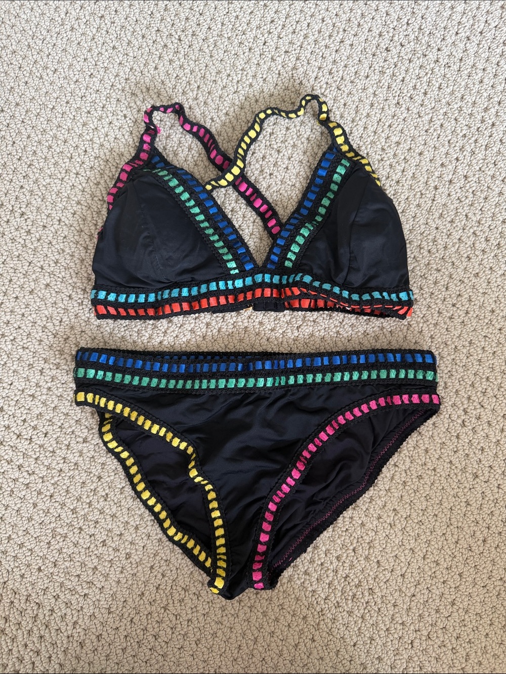 La Blanca Black Bikini with Bright Crochet Trim